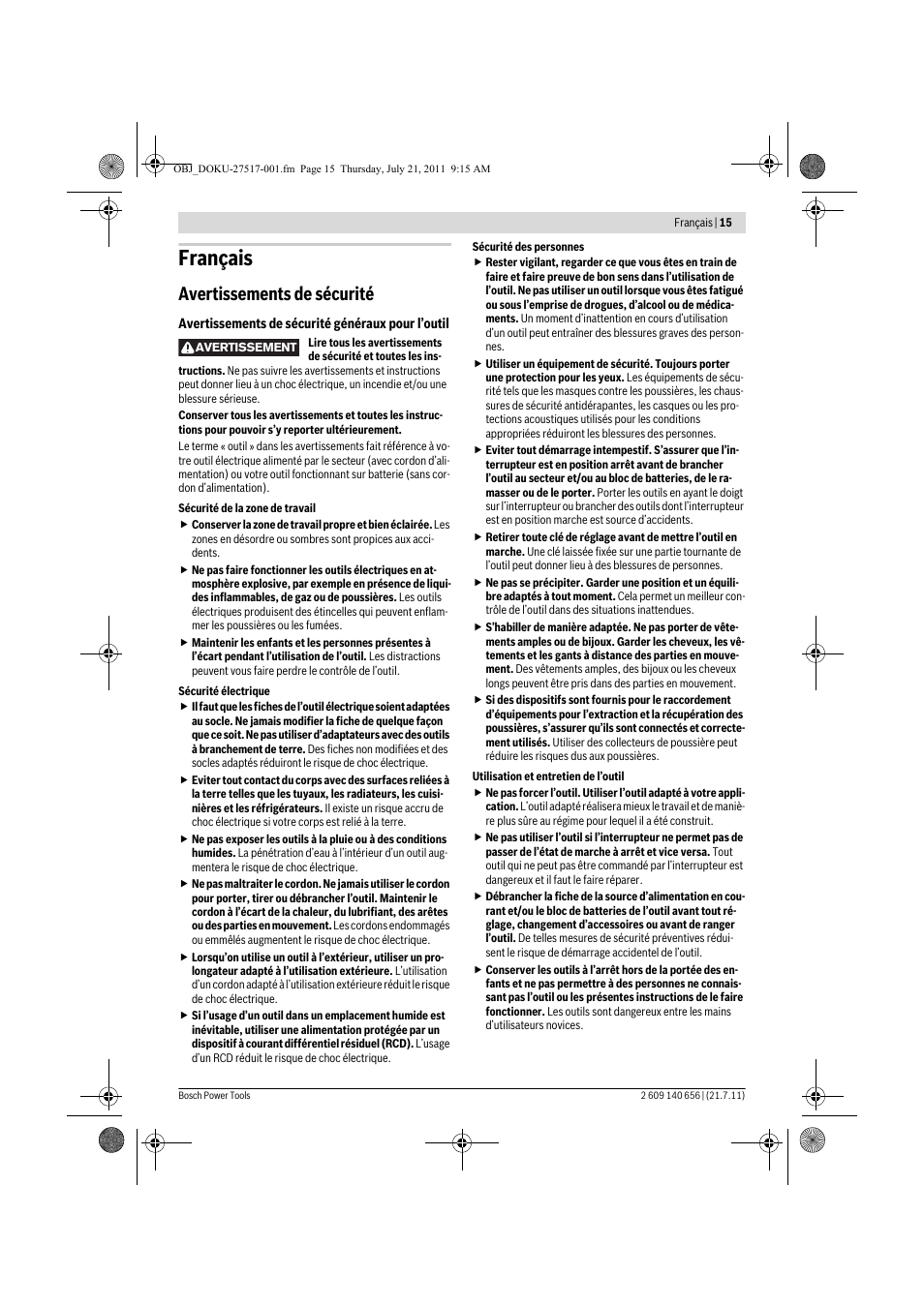 Français, Avertissements de sécurité | Bosch GBM Professional 10 User Manual | Page 15 / 130