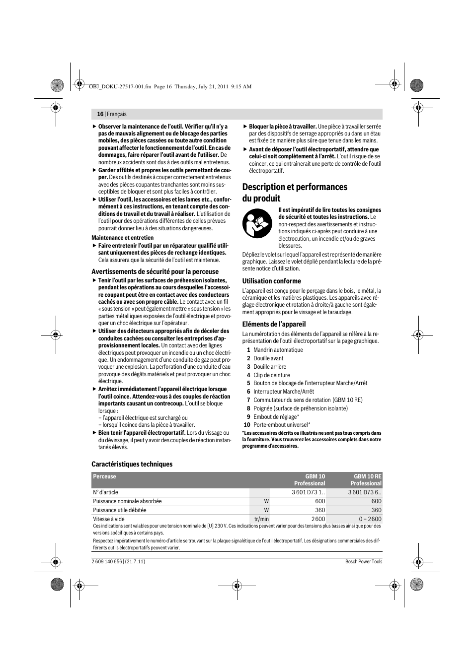 Description et performances du produit | Bosch GBM Professional 10 User Manual | Page 16 / 130