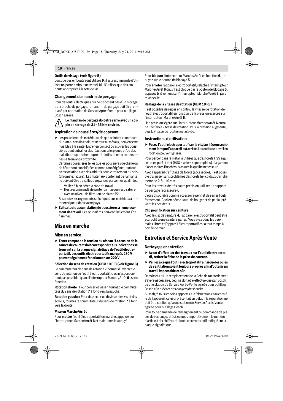 Mise en marche, Entretien et service après-vente | Bosch GBM Professional 10 User Manual | Page 18 / 130