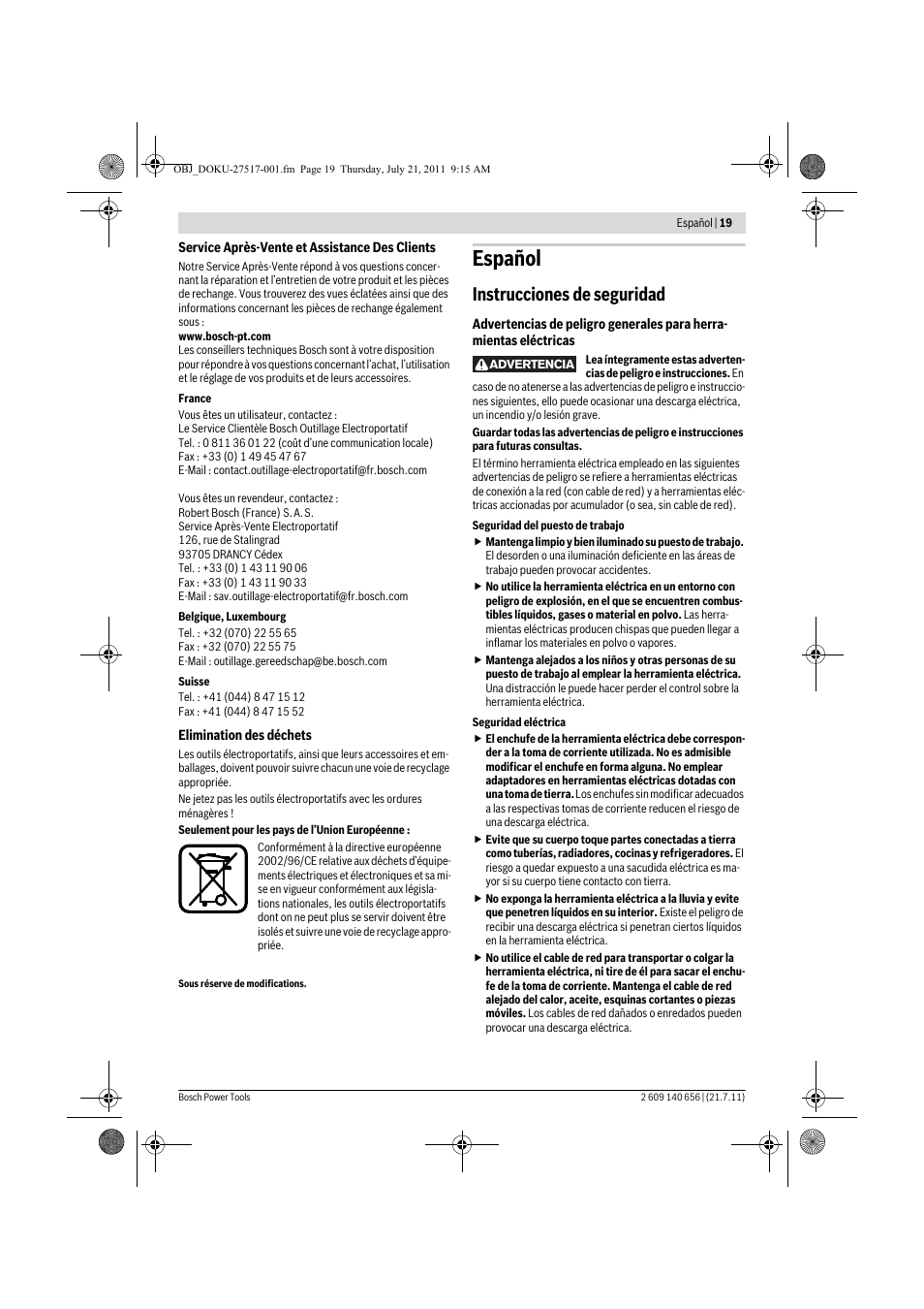 Español, Instrucciones de seguridad | Bosch GBM Professional 10 User Manual | Page 19 / 130