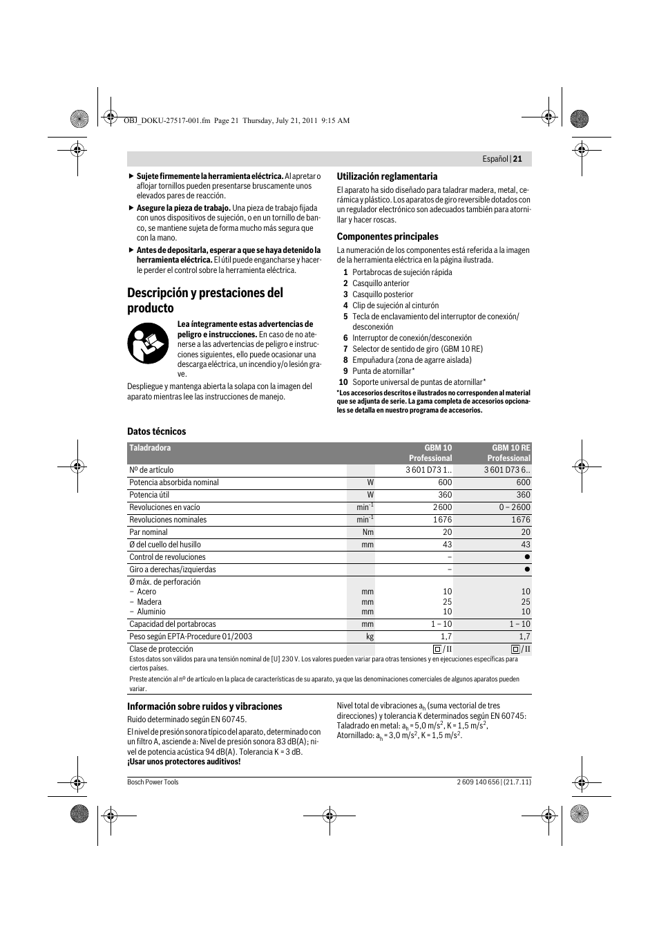 Descripción y prestaciones del producto | Bosch GBM Professional 10 User Manual | Page 21 / 130