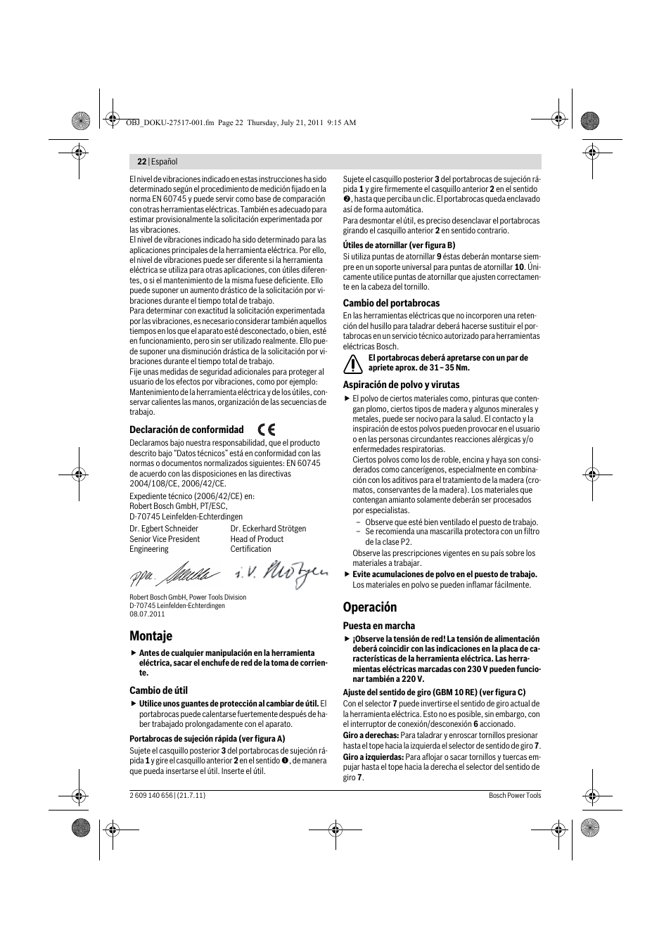 Montaje, Operación | Bosch GBM Professional 10 User Manual | Page 22 / 130