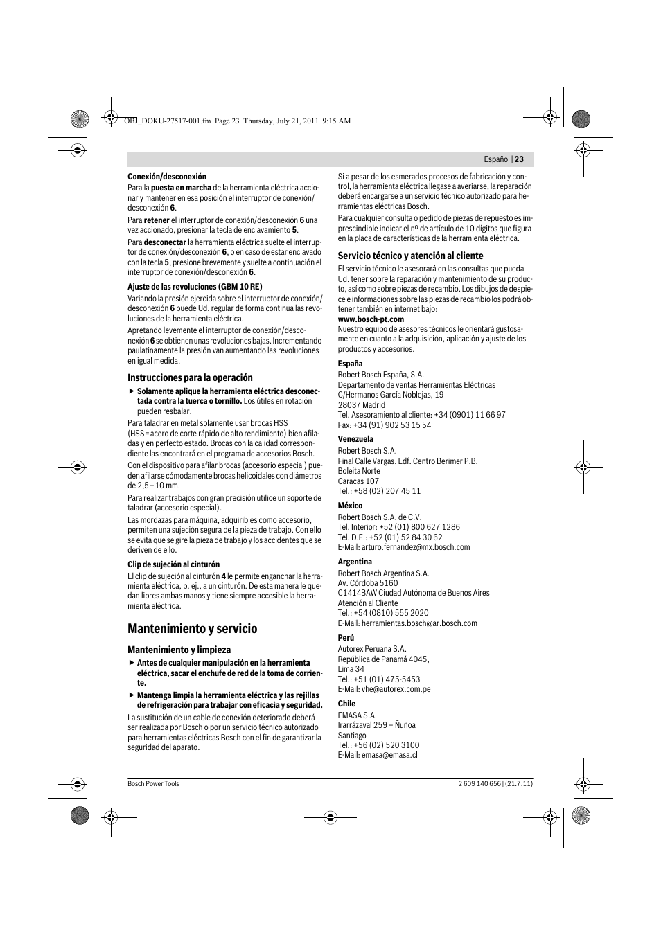 Mantenimiento y servicio | Bosch GBM Professional 10 User Manual | Page 23 / 130