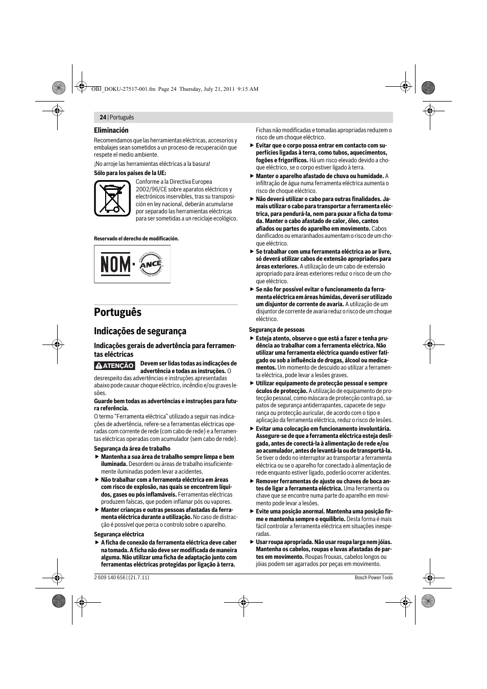 Português, Indicações de segurança | Bosch GBM Professional 10 User Manual | Page 24 / 130