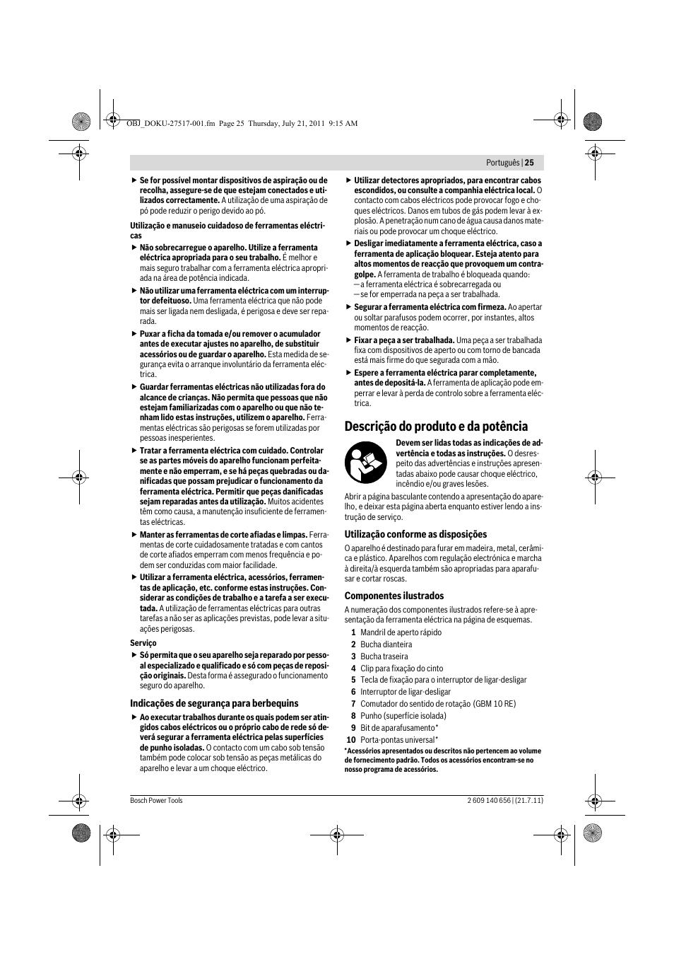 Descrição do produto e da potência | Bosch GBM Professional 10 User Manual | Page 25 / 130