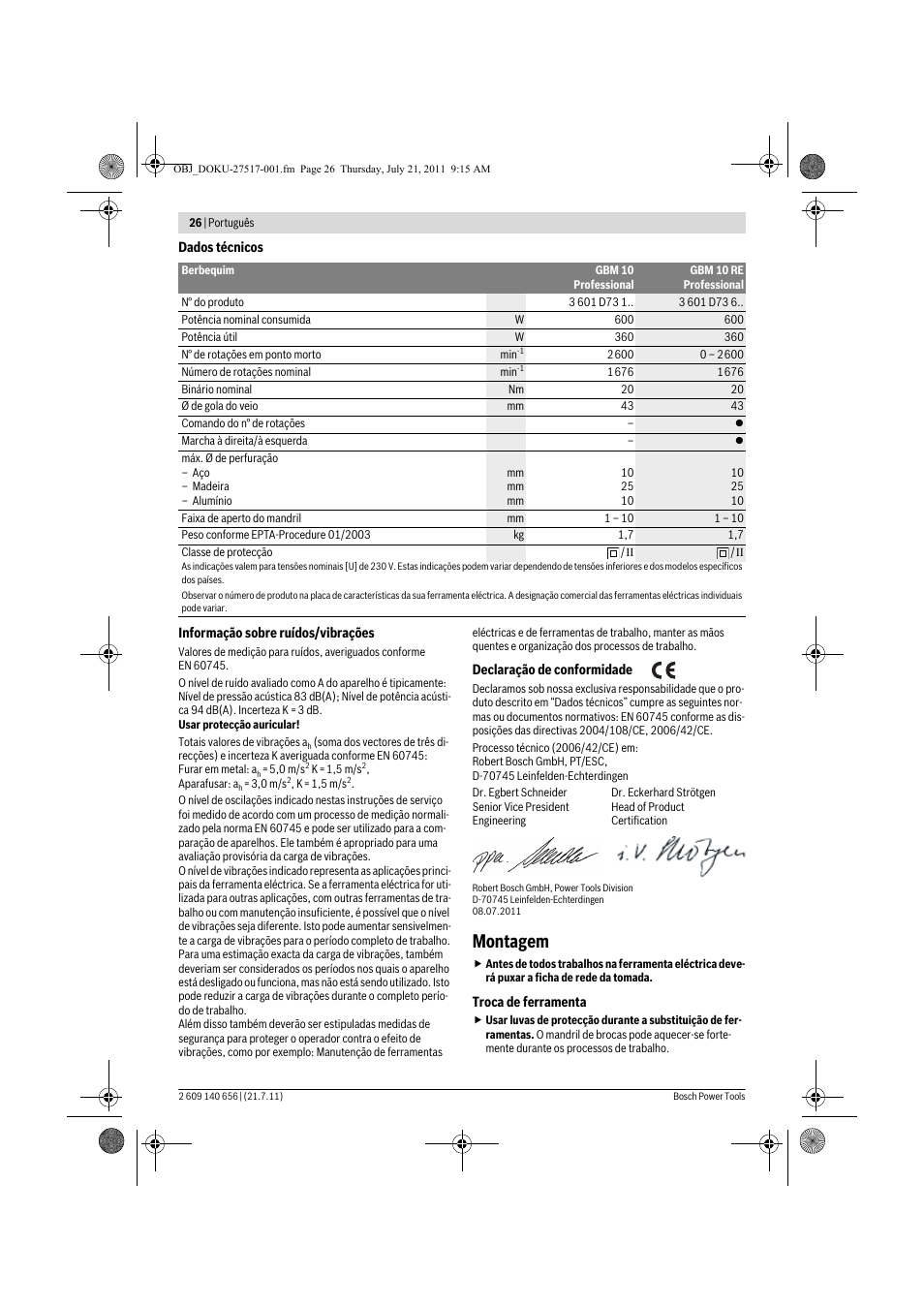 Montagem | Bosch GBM Professional 10 User Manual | Page 26 / 130