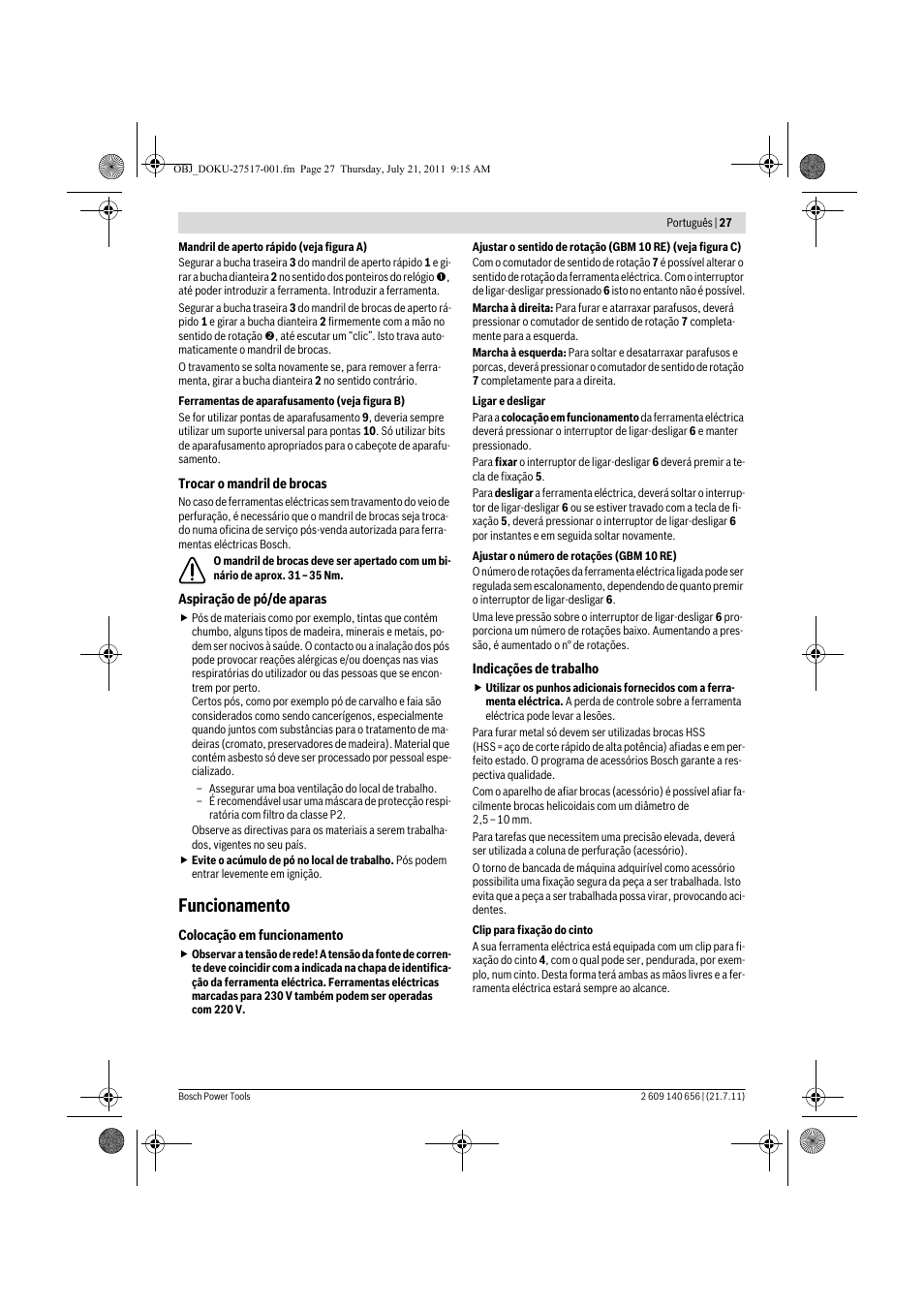 Funcionamento | Bosch GBM Professional 10 User Manual | Page 27 / 130