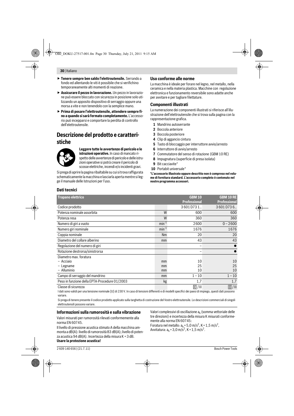 Descrizione del prodotto e caratteri- stiche | Bosch GBM Professional 10 User Manual | Page 30 / 130