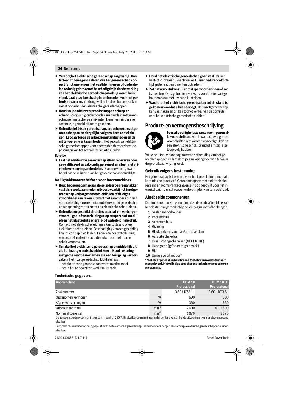 Product- en vermogensbeschrijving | Bosch GBM Professional 10 User Manual | Page 34 / 130