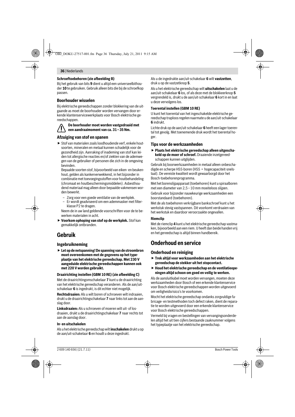 Gebruik, Onderhoud en service | Bosch GBM Professional 10 User Manual | Page 36 / 130