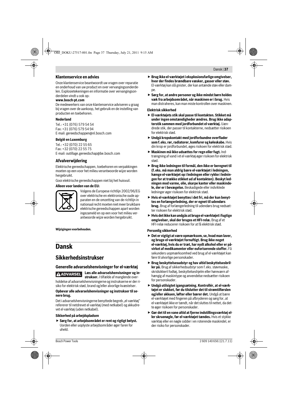 Dansk, Sikkerhedsinstrukser | Bosch GBM Professional 10 User Manual | Page 37 / 130