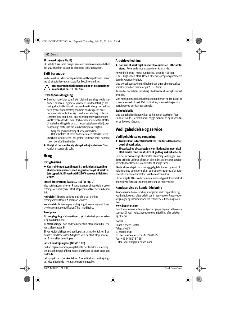 Brug, Vedligeholdelse og service | Bosch GBM Professional 10 User Manual | Page 40 / 130