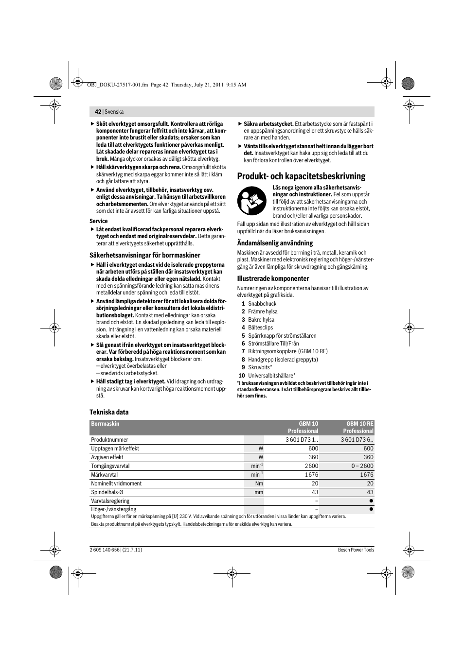 Produkt- och kapacitetsbeskrivning | Bosch GBM Professional 10 User Manual | Page 42 / 130