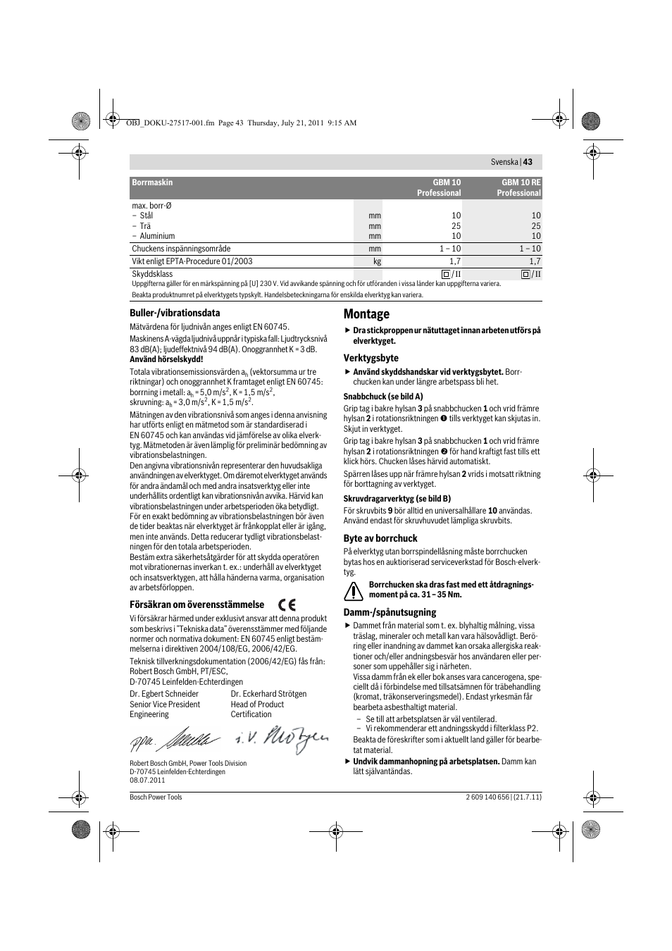 Montage | Bosch GBM Professional 10 User Manual | Page 43 / 130