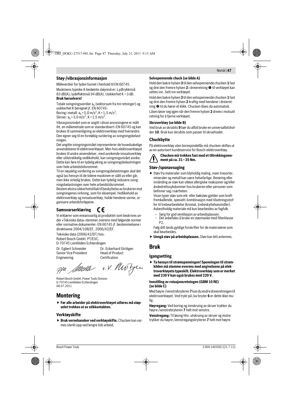 Montering, Bruk | Bosch GBM Professional 10 User Manual | Page 47 / 130