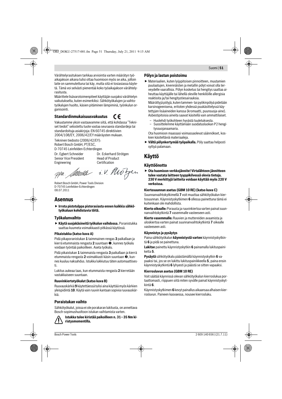 Asennus, Käyttö | Bosch GBM Professional 10 User Manual | Page 51 / 130