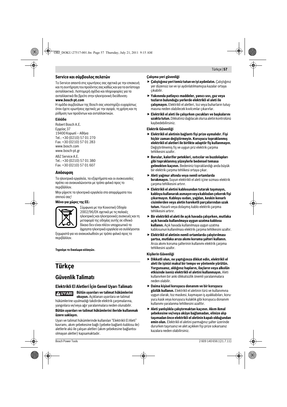 Türkçe, Güvenlik talimat | Bosch GBM Professional 10 User Manual | Page 57 / 130