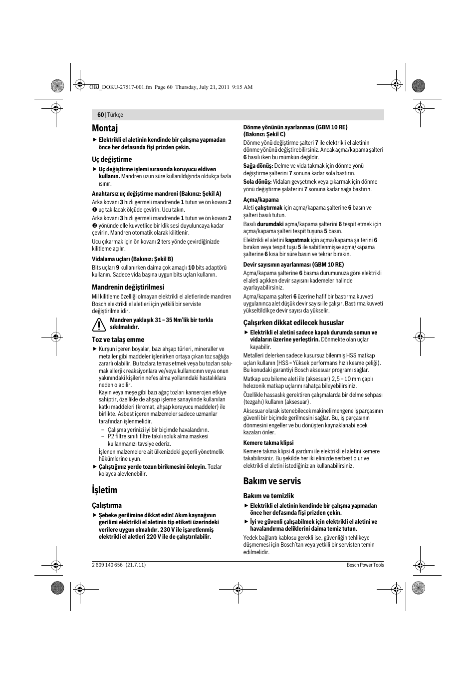 Montaj, Işletim, Bak m ve servis | Bosch GBM Professional 10 User Manual | Page 60 / 130