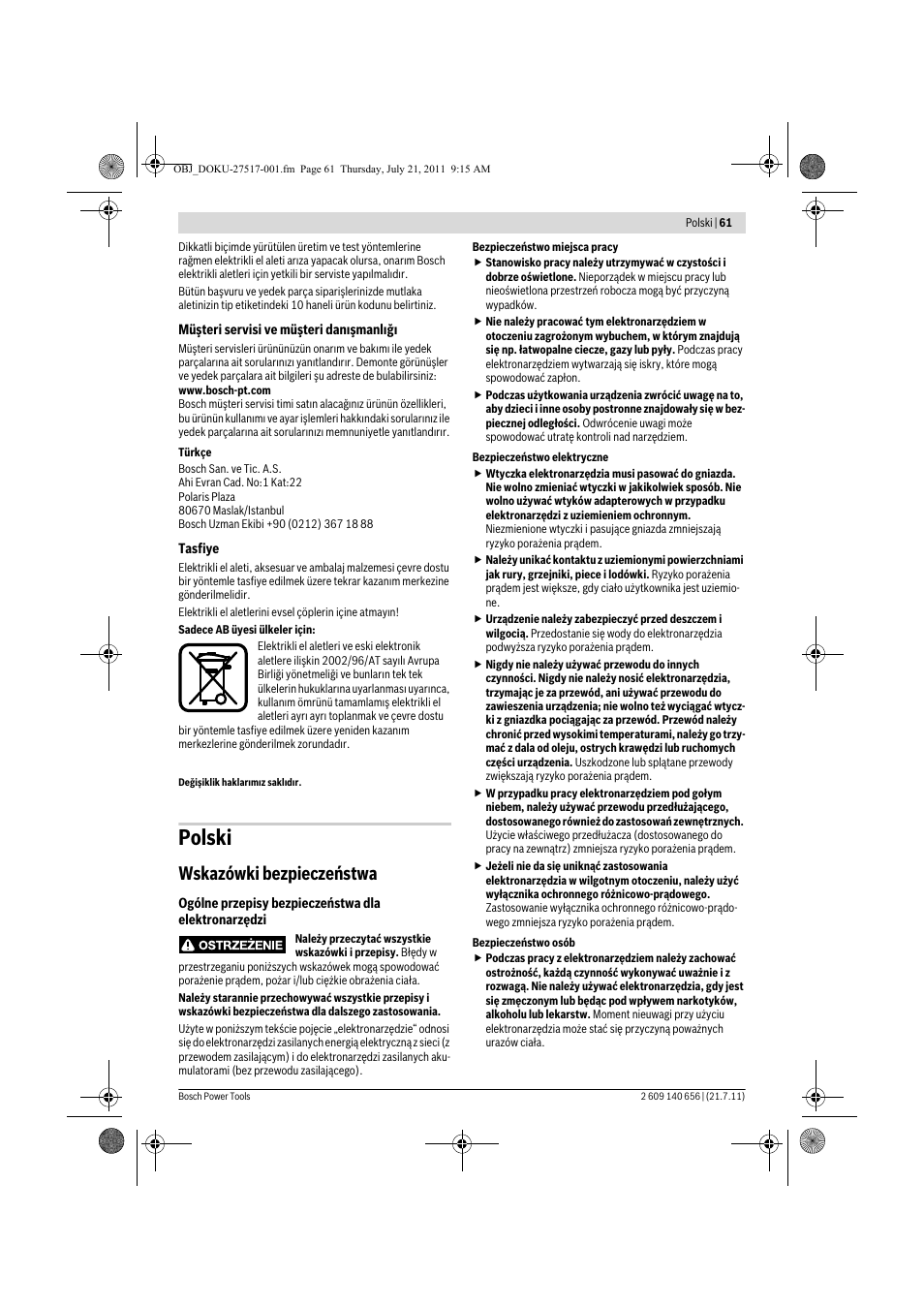 Polski, Wskazówki bezpieczeństwa | Bosch GBM Professional 10 User Manual | Page 61 / 130