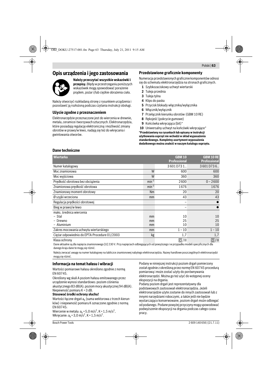 Opis urządzenia i jego zastosowania | Bosch GBM Professional 10 User Manual | Page 63 / 130