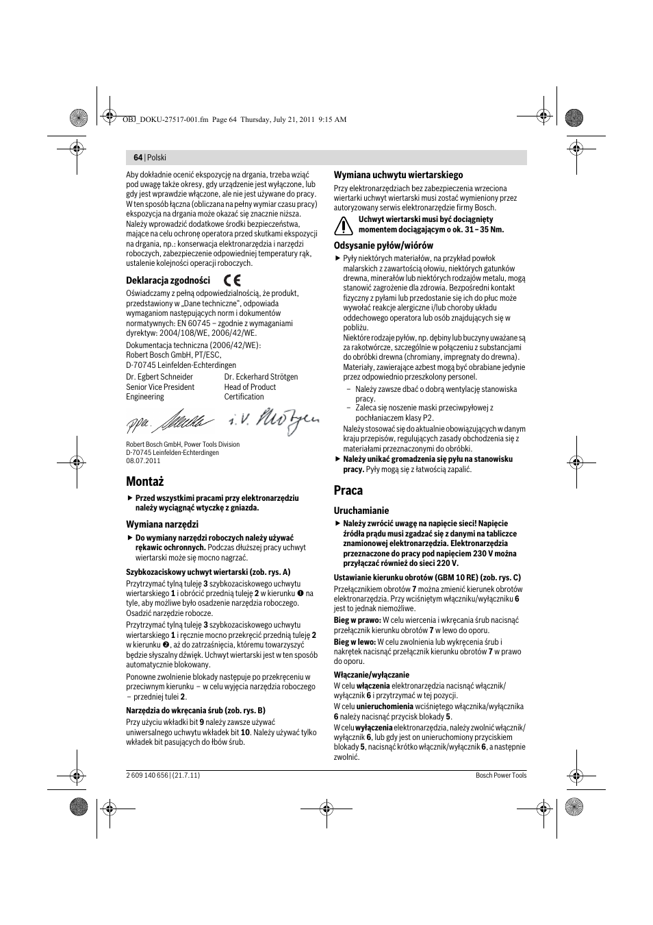 Montaż, Praca | Bosch GBM Professional 10 User Manual | Page 64 / 130