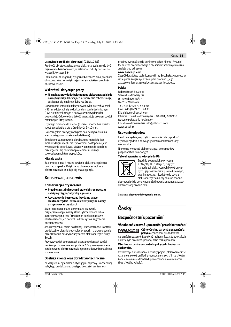 Česky, Konserwacja i serwis, Bezpečnostní upozornění | Bosch GBM Professional 10 User Manual | Page 65 / 130