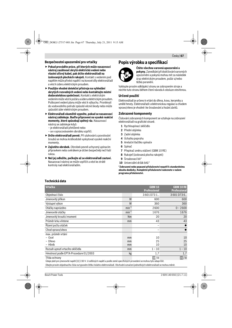 Popis výrobku a specifikací | Bosch GBM Professional 10 User Manual | Page 67 / 130