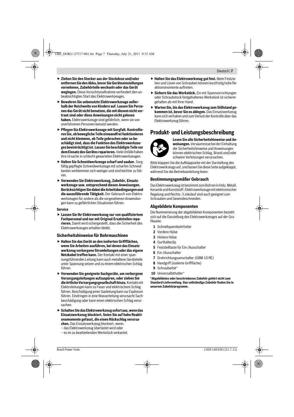 Produkt- und leistungsbeschreibung | Bosch GBM Professional 10 User Manual | Page 7 / 130