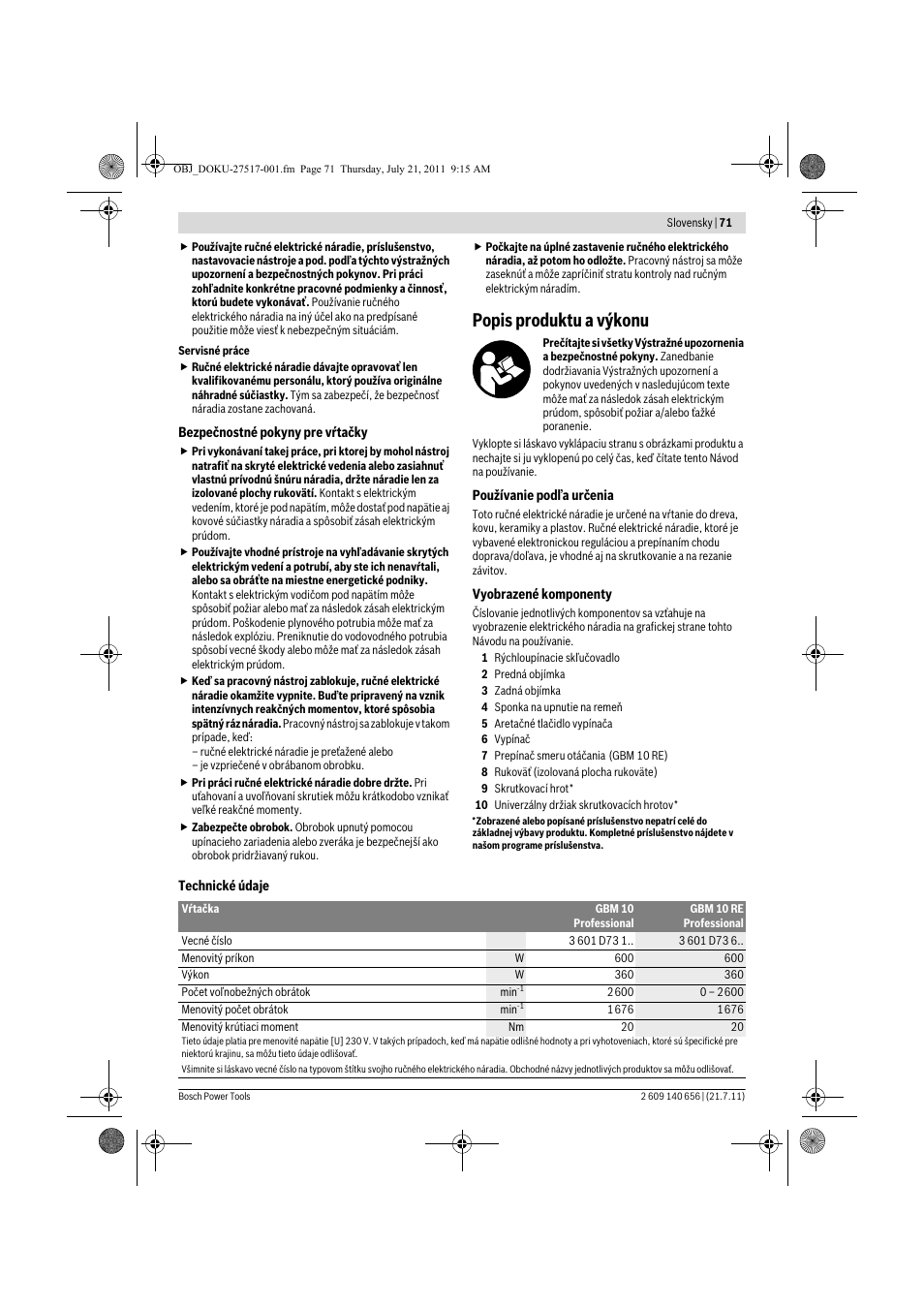 Popis produktu a výkonu | Bosch GBM Professional 10 User Manual | Page 71 / 130