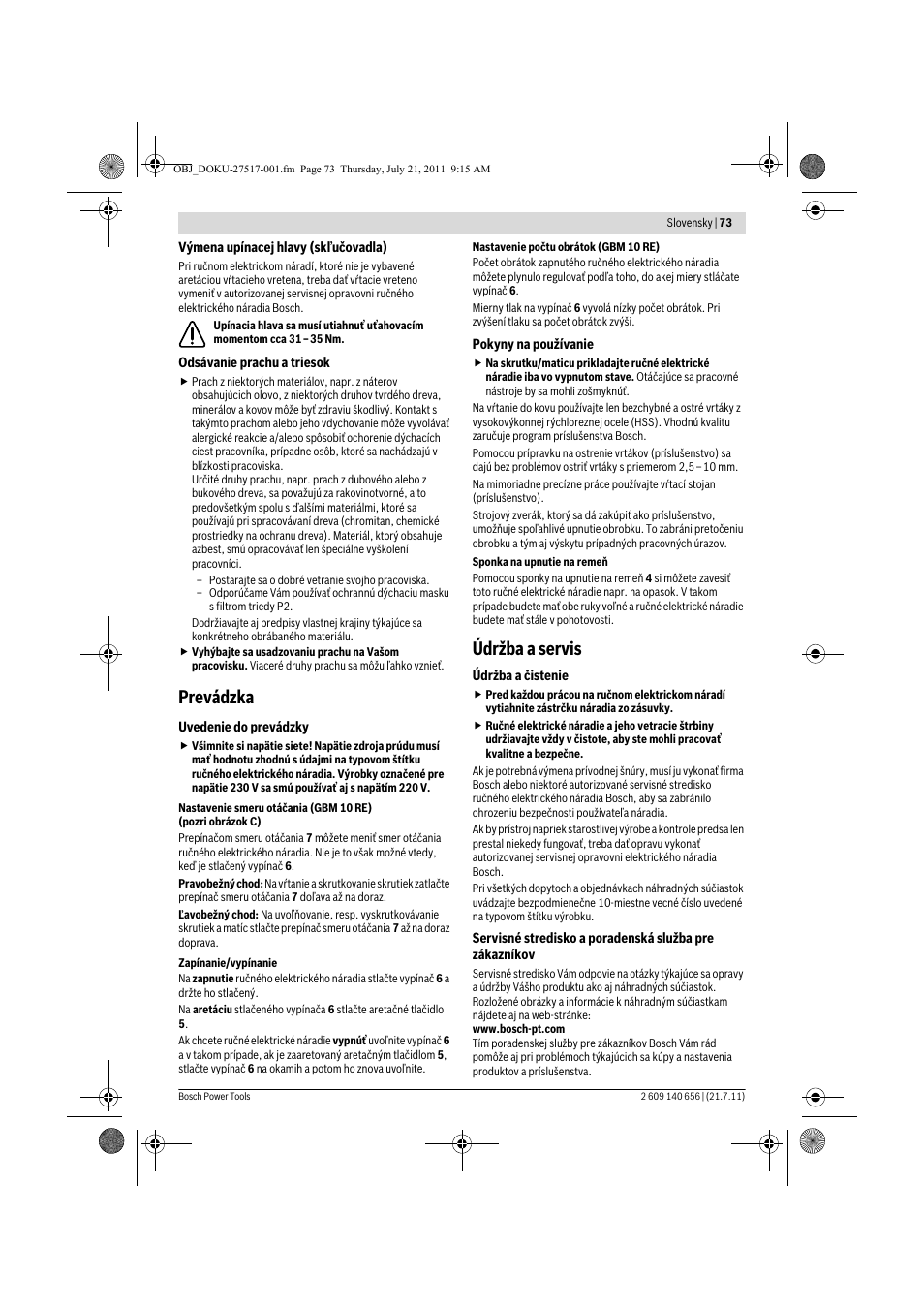 Prevádzka, Údržba a servis | Bosch GBM Professional 10 User Manual | Page 73 / 130