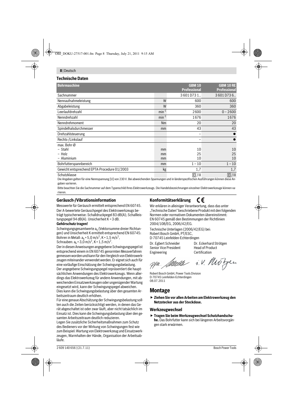 Montage | Bosch GBM Professional 10 User Manual | Page 8 / 130