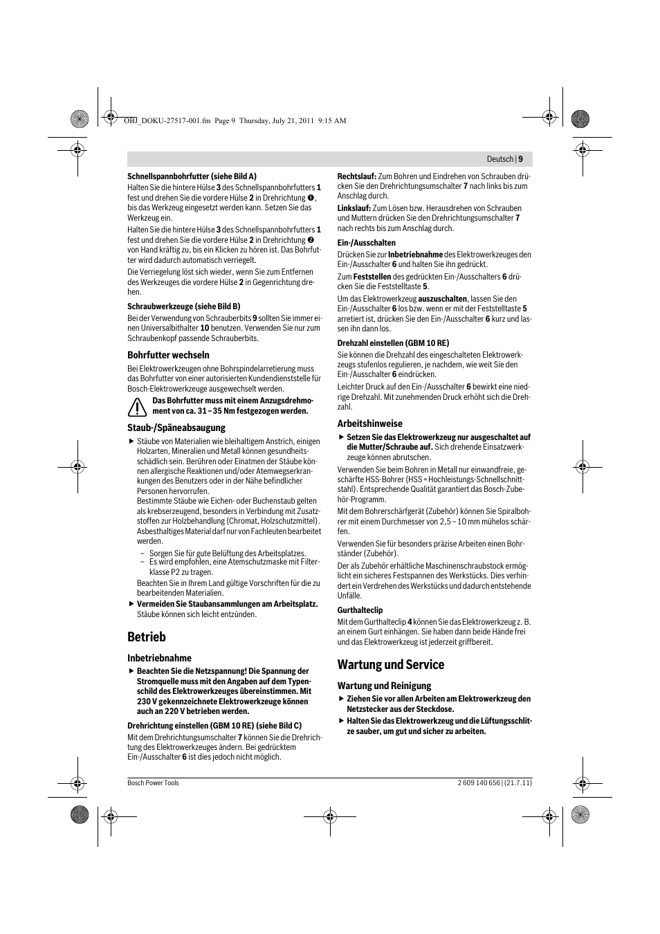 Betrieb, Wartung und service | Bosch GBM Professional 10 User Manual | Page 9 / 130