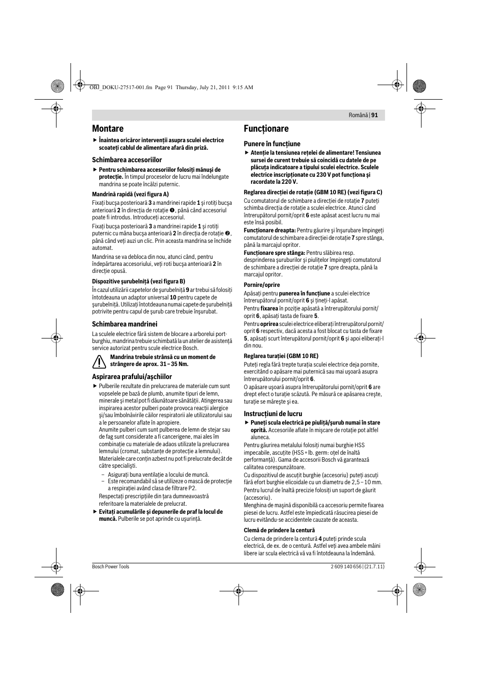 Montare, Funcţionare | Bosch GBM Professional 10 User Manual | Page 91 / 130