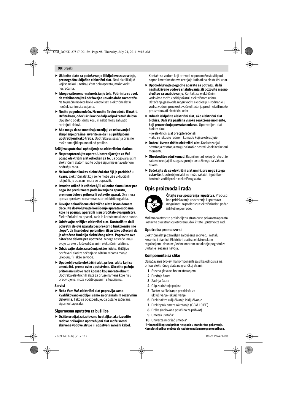 Opis proizvoda i rada | Bosch GBM Professional 10 User Manual | Page 98 / 130