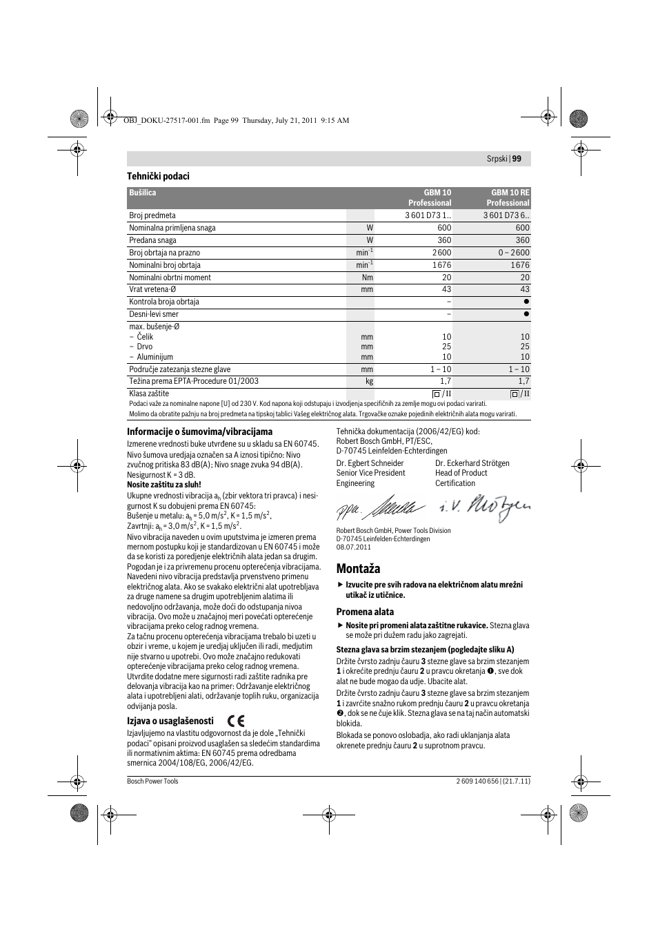 Montaža | Bosch GBM Professional 10 User Manual | Page 99 / 130