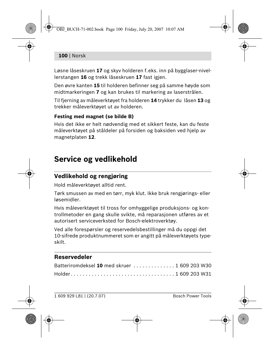 Service og vedlikehold | Bosch BLE 200 Professional User Manual | Page 100 / 267