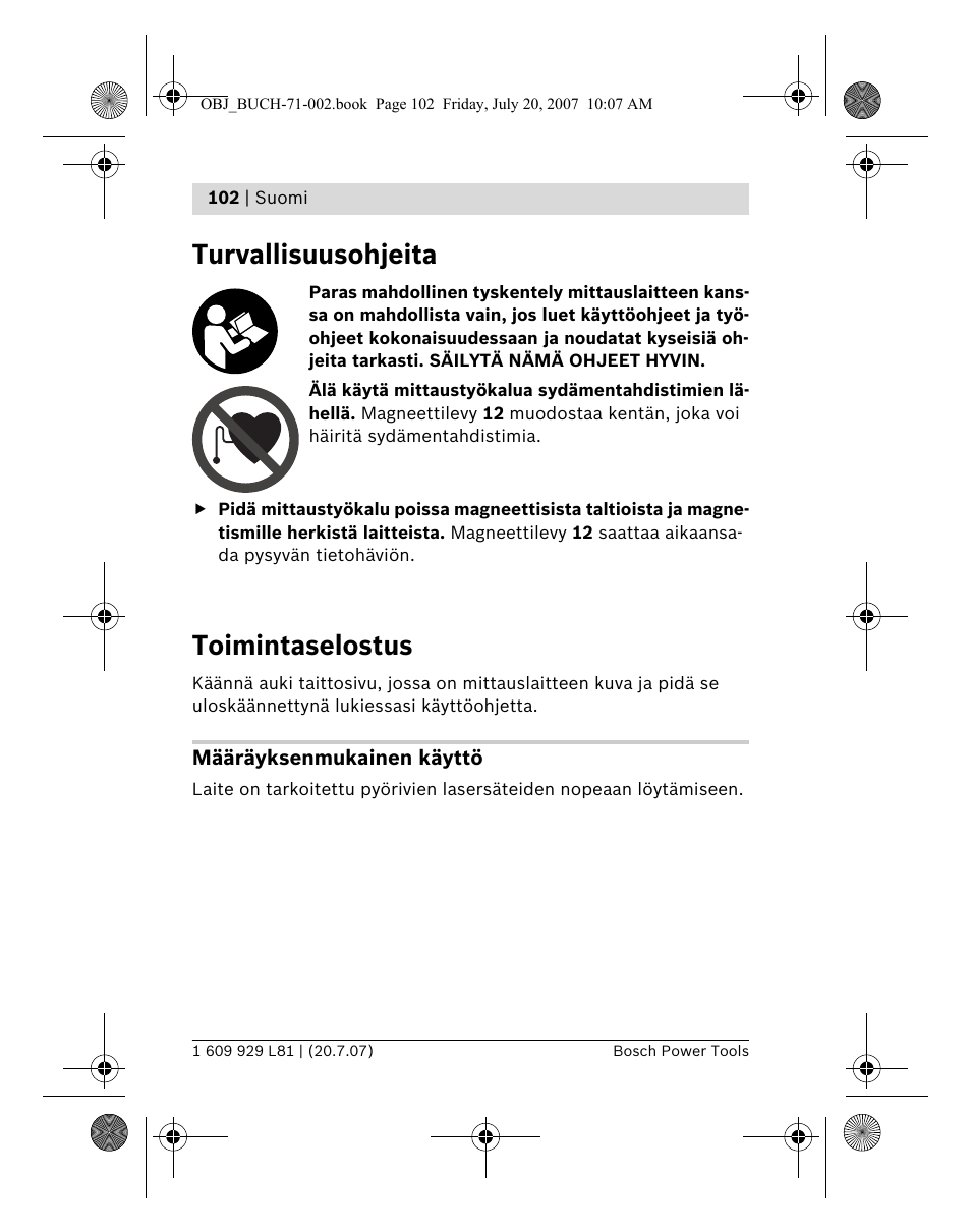 Turvallisuusohjeita, Toimintaselostus | Bosch BLE 200 Professional User Manual | Page 102 / 267