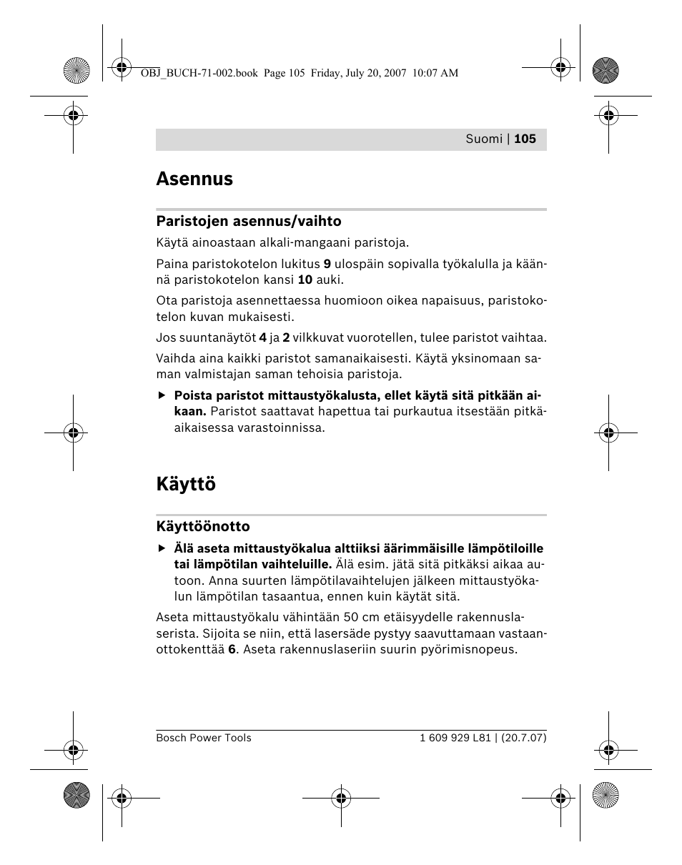 Asennus, Käyttö | Bosch BLE 200 Professional User Manual | Page 105 / 267