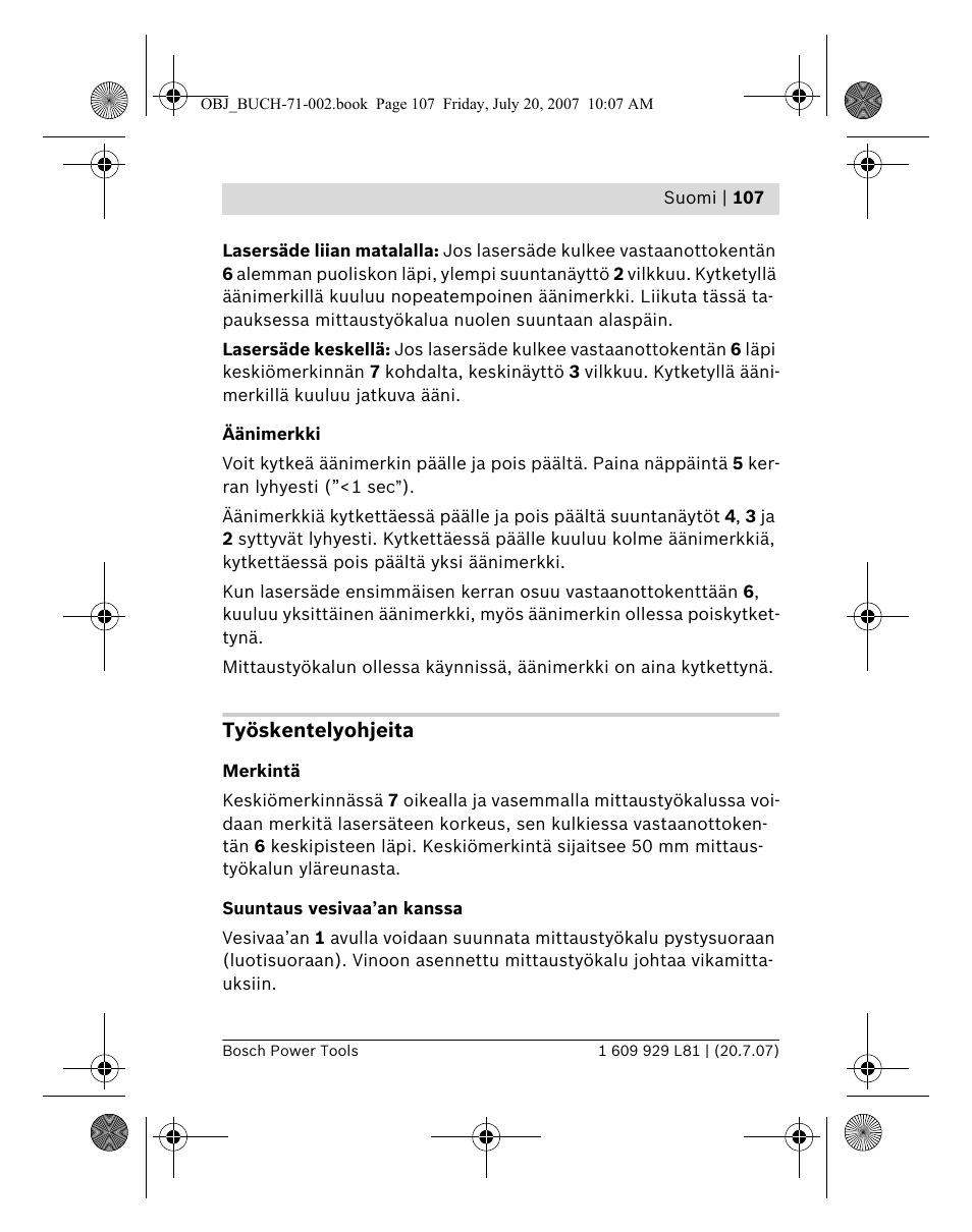 Työskentelyohjeita | Bosch BLE 200 Professional User Manual | Page 107 / 267