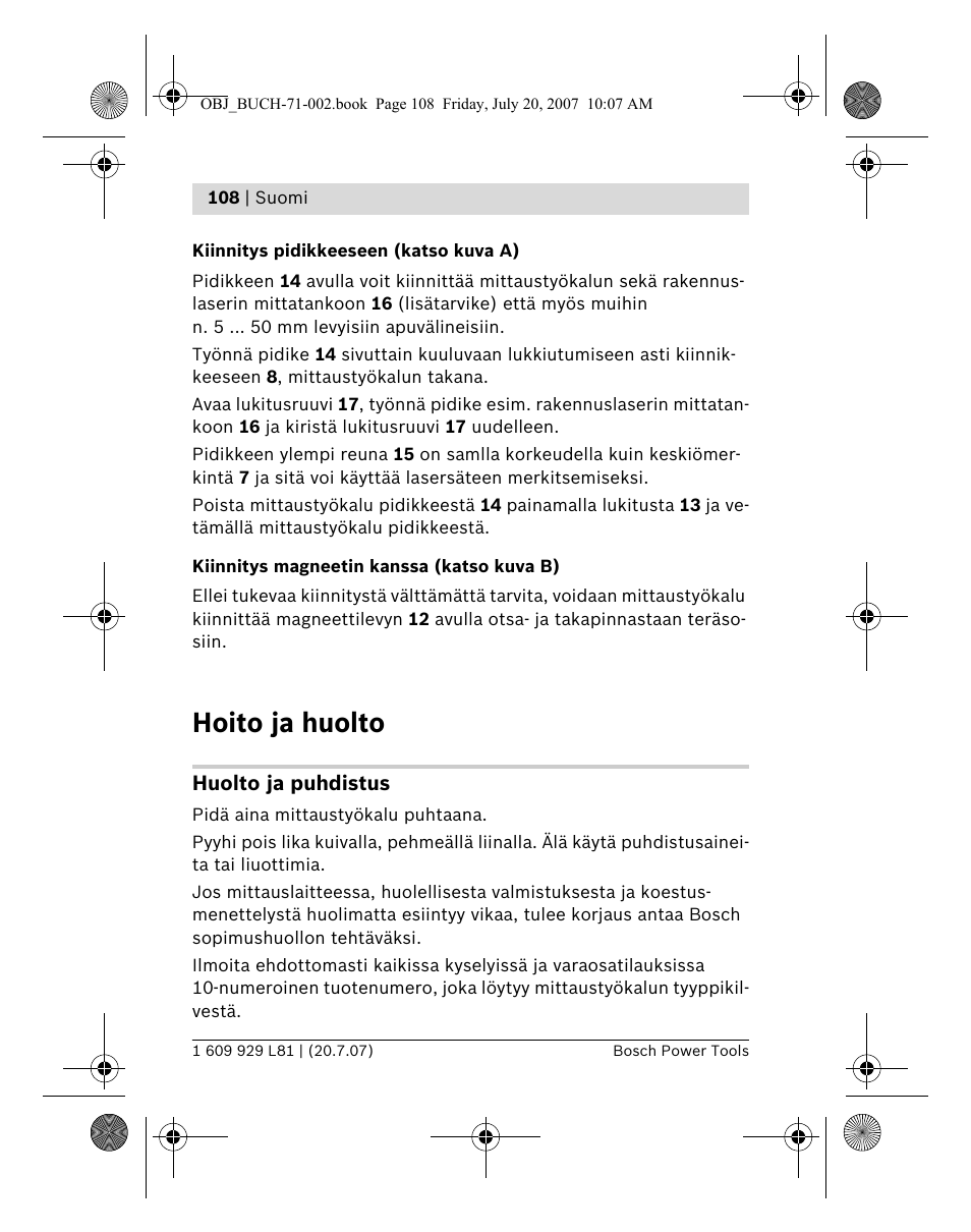 Hoito ja huolto | Bosch BLE 200 Professional User Manual | Page 108 / 267