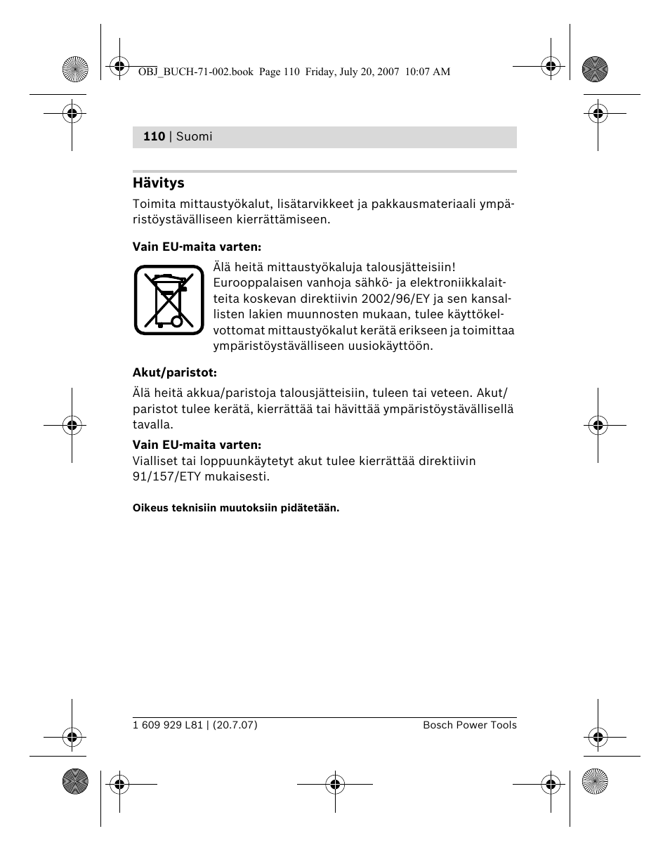 Hävitys | Bosch BLE 200 Professional User Manual | Page 110 / 267