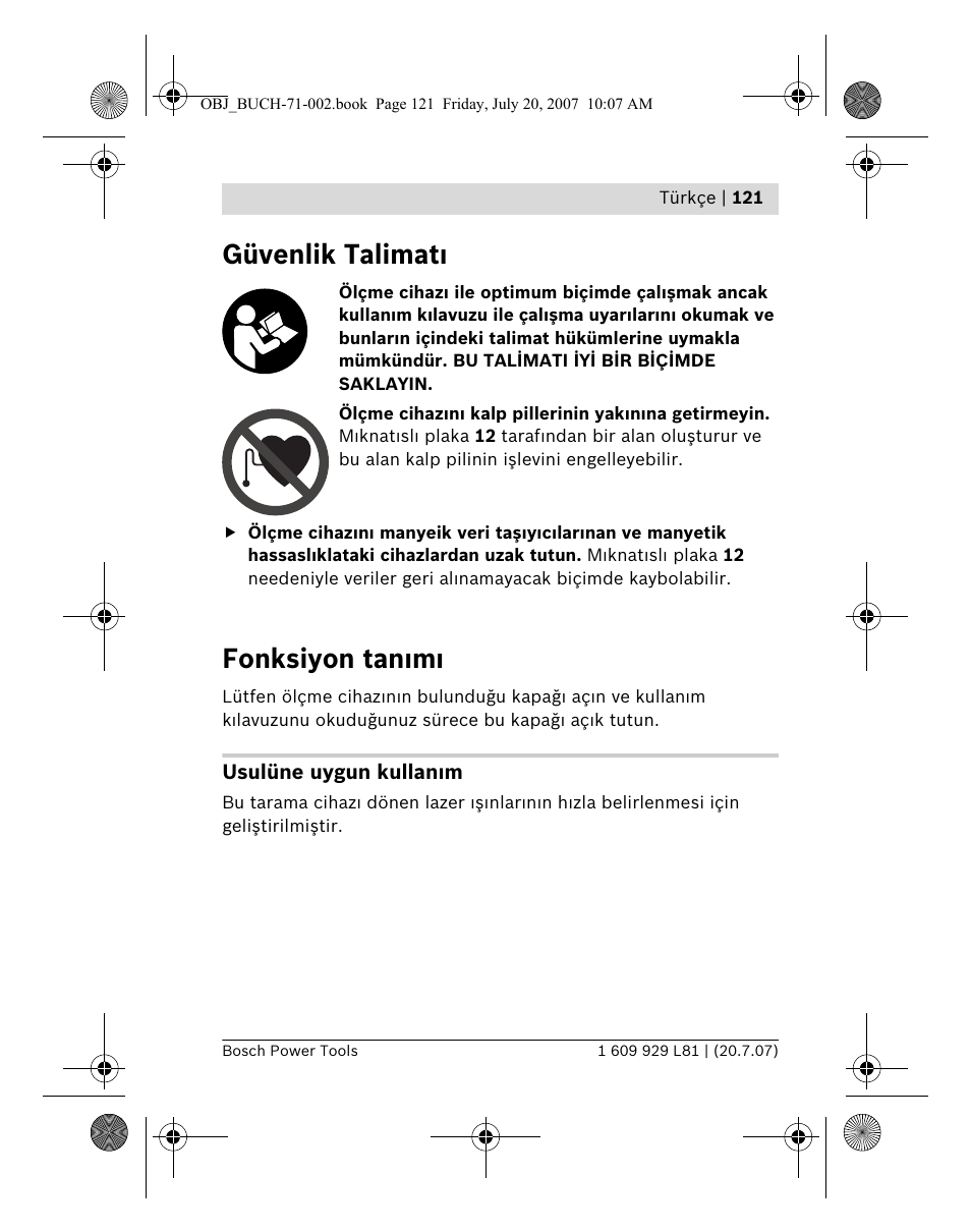 Güvenlik talimat, Fonksiyon tan m | Bosch BLE 200 Professional User Manual | Page 121 / 267