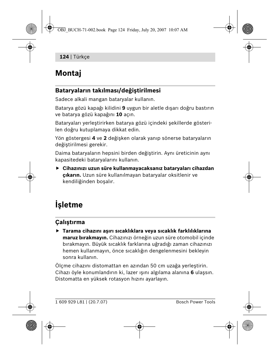 Montaj, Işletme | Bosch BLE 200 Professional User Manual | Page 124 / 267