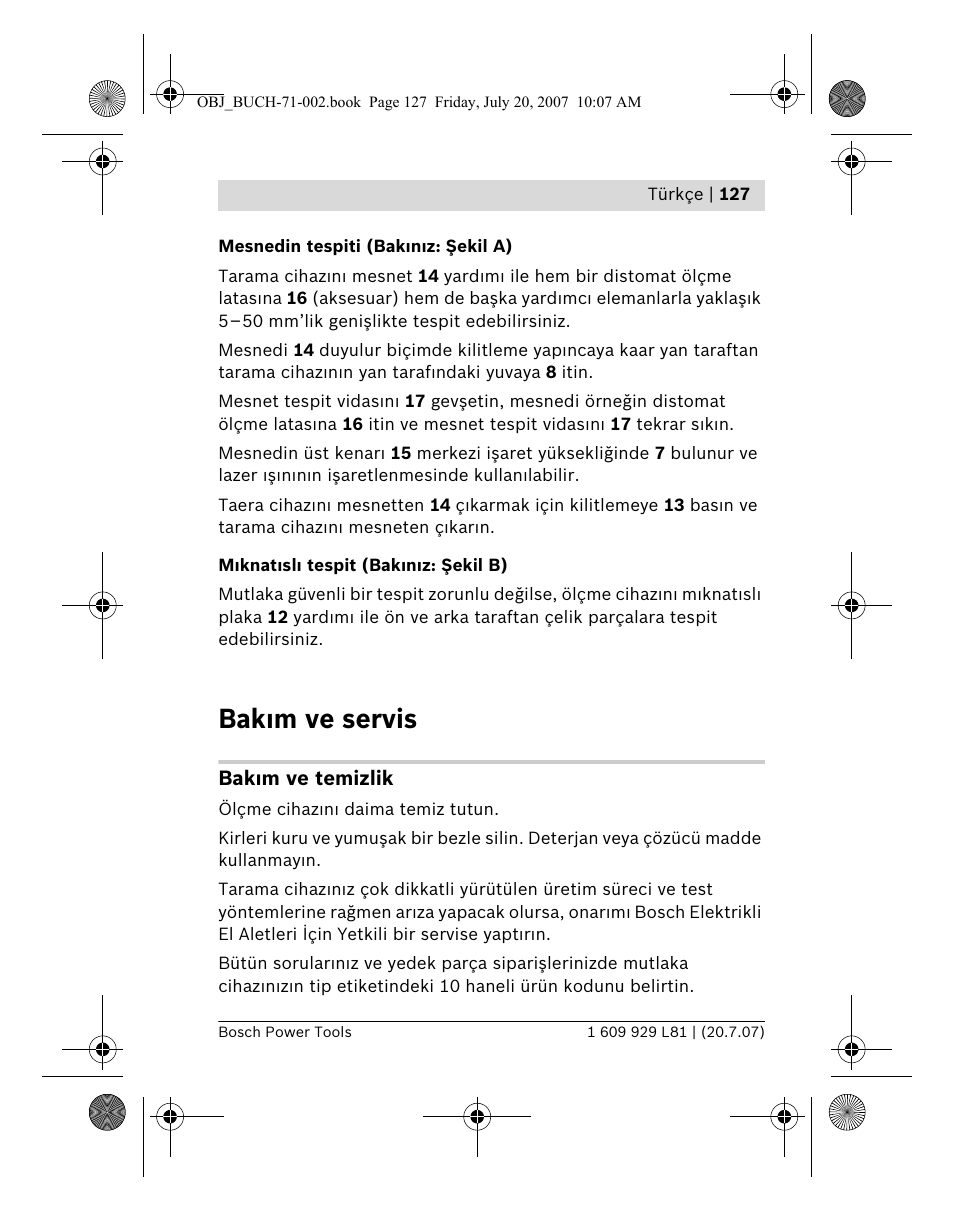 Bak m ve servis | Bosch BLE 200 Professional User Manual | Page 127 / 267