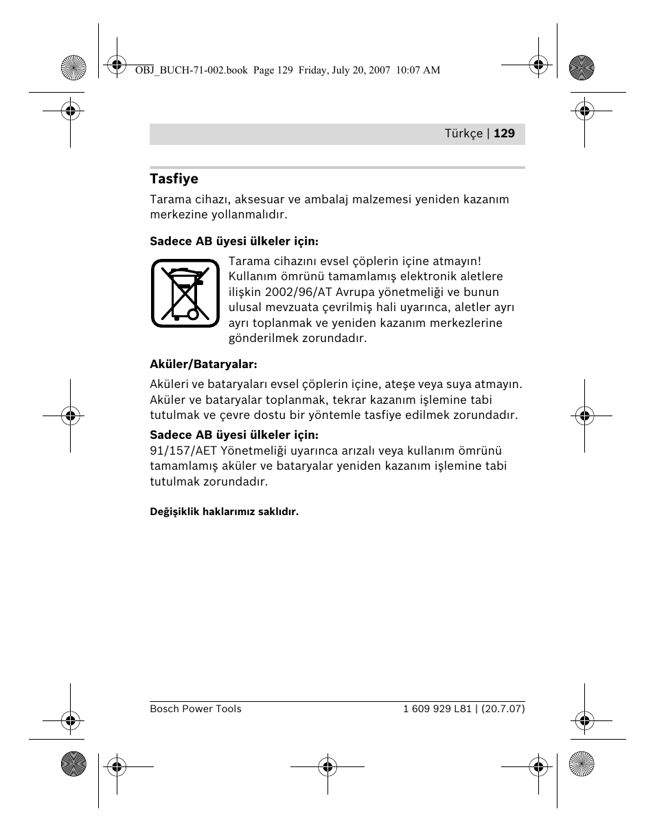 Tasfiye | Bosch BLE 200 Professional User Manual | Page 129 / 267