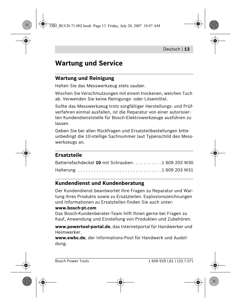 Wartung und service | Bosch BLE 200 Professional User Manual | Page 13 / 267