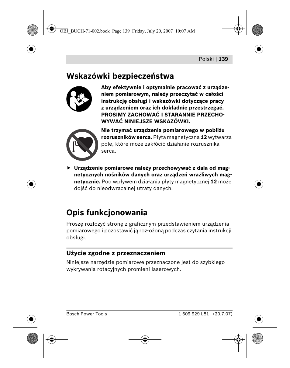 Wskazówki bezpieczeństwa, Opis funkcjonowania | Bosch BLE 200 Professional User Manual | Page 139 / 267