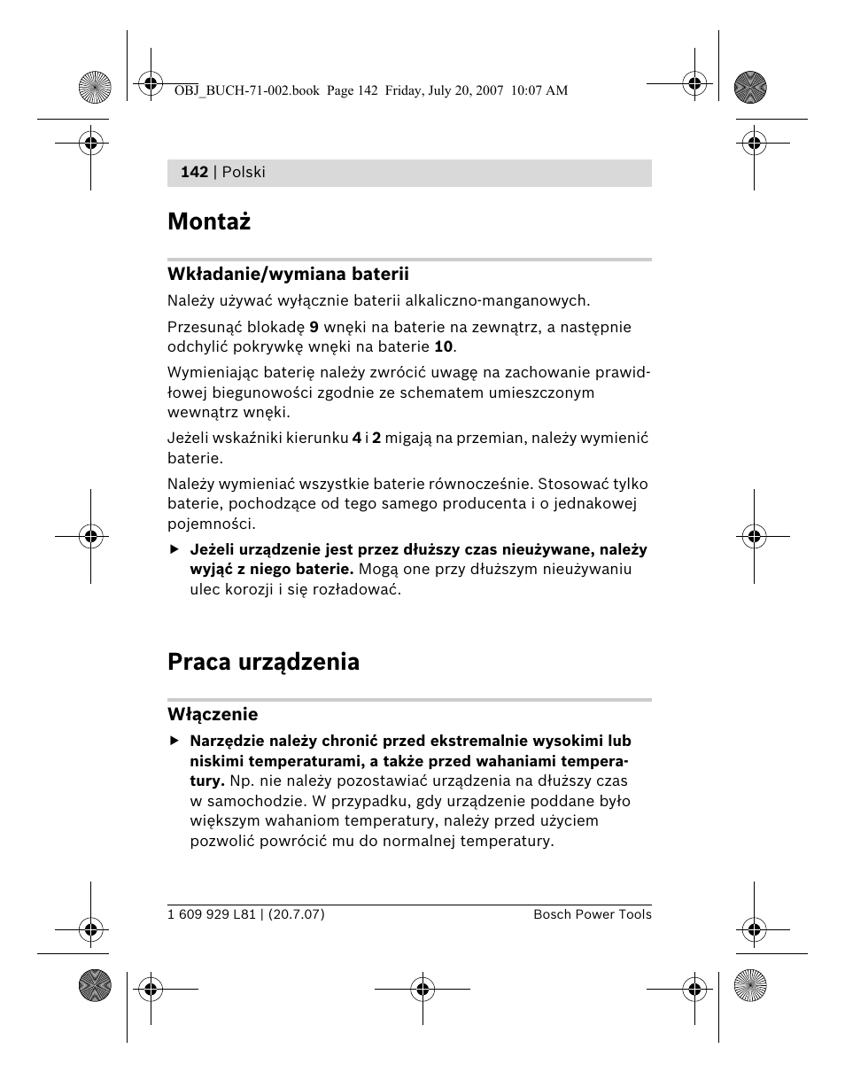 Montaż, Praca urządzenia | Bosch BLE 200 Professional User Manual | Page 142 / 267