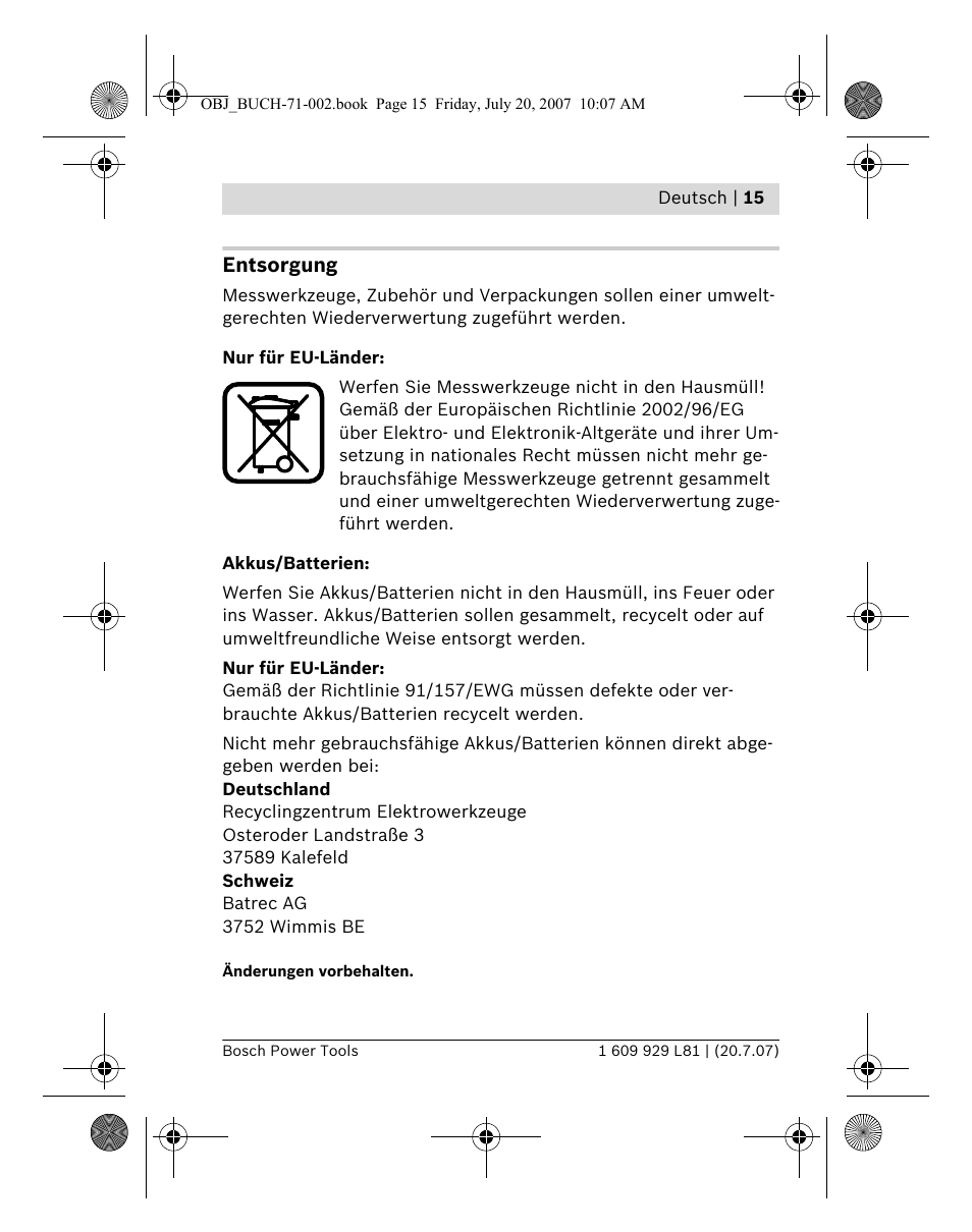 Entsorgung | Bosch BLE 200 Professional User Manual | Page 15 / 267