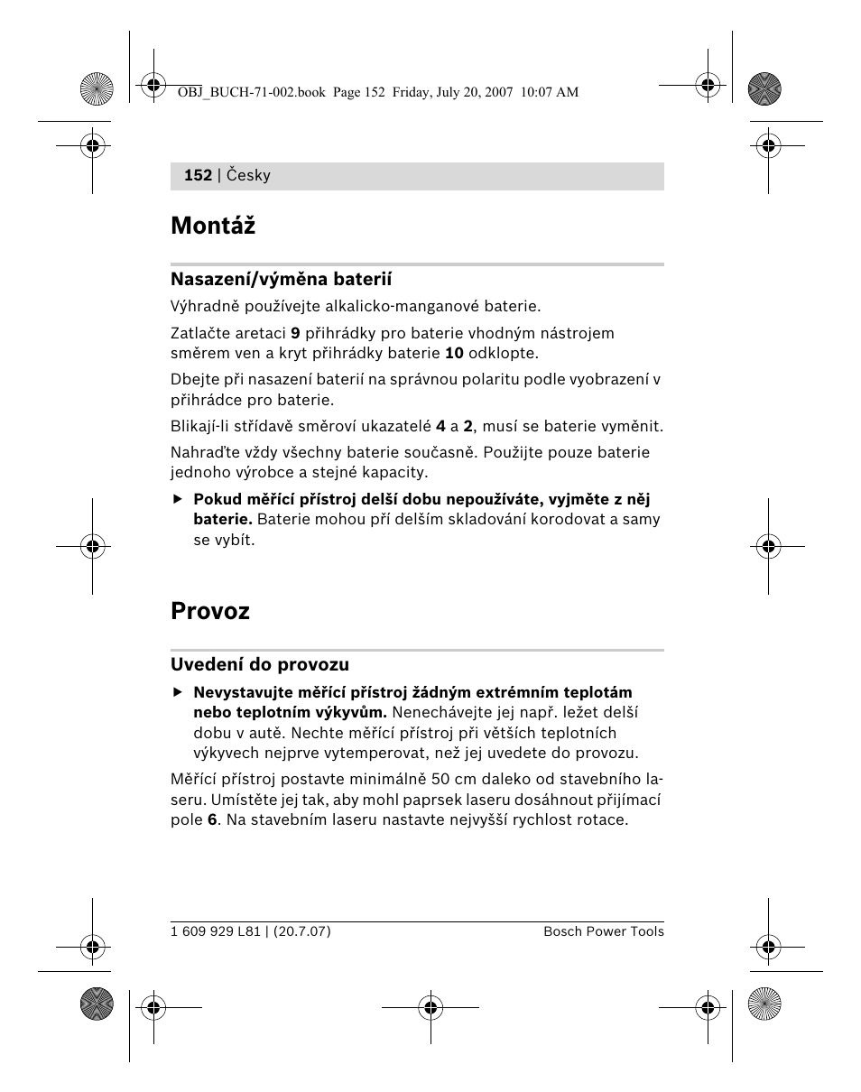 Montáž, Provoz | Bosch BLE 200 Professional User Manual | Page 152 / 267